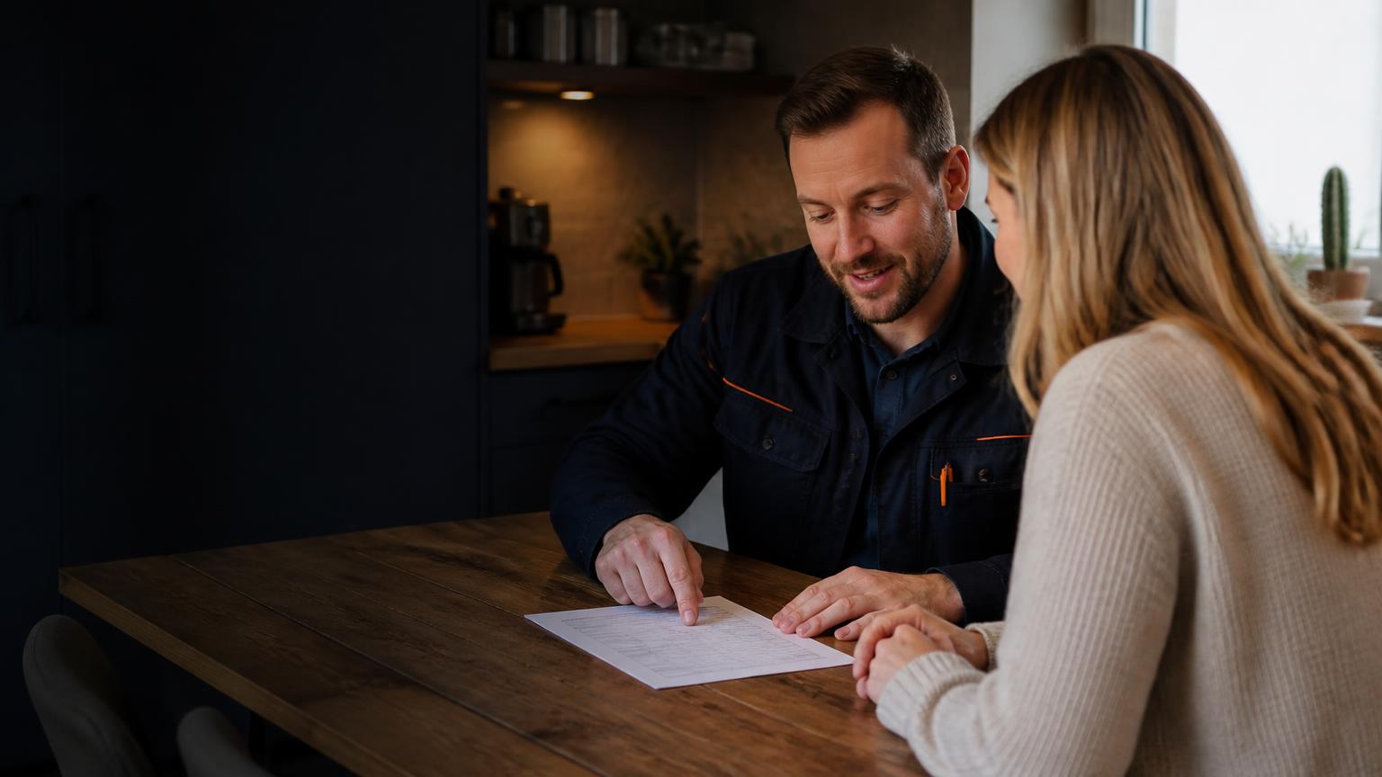 Elektricien overloopt een offerte met een klant aan de keukentafel