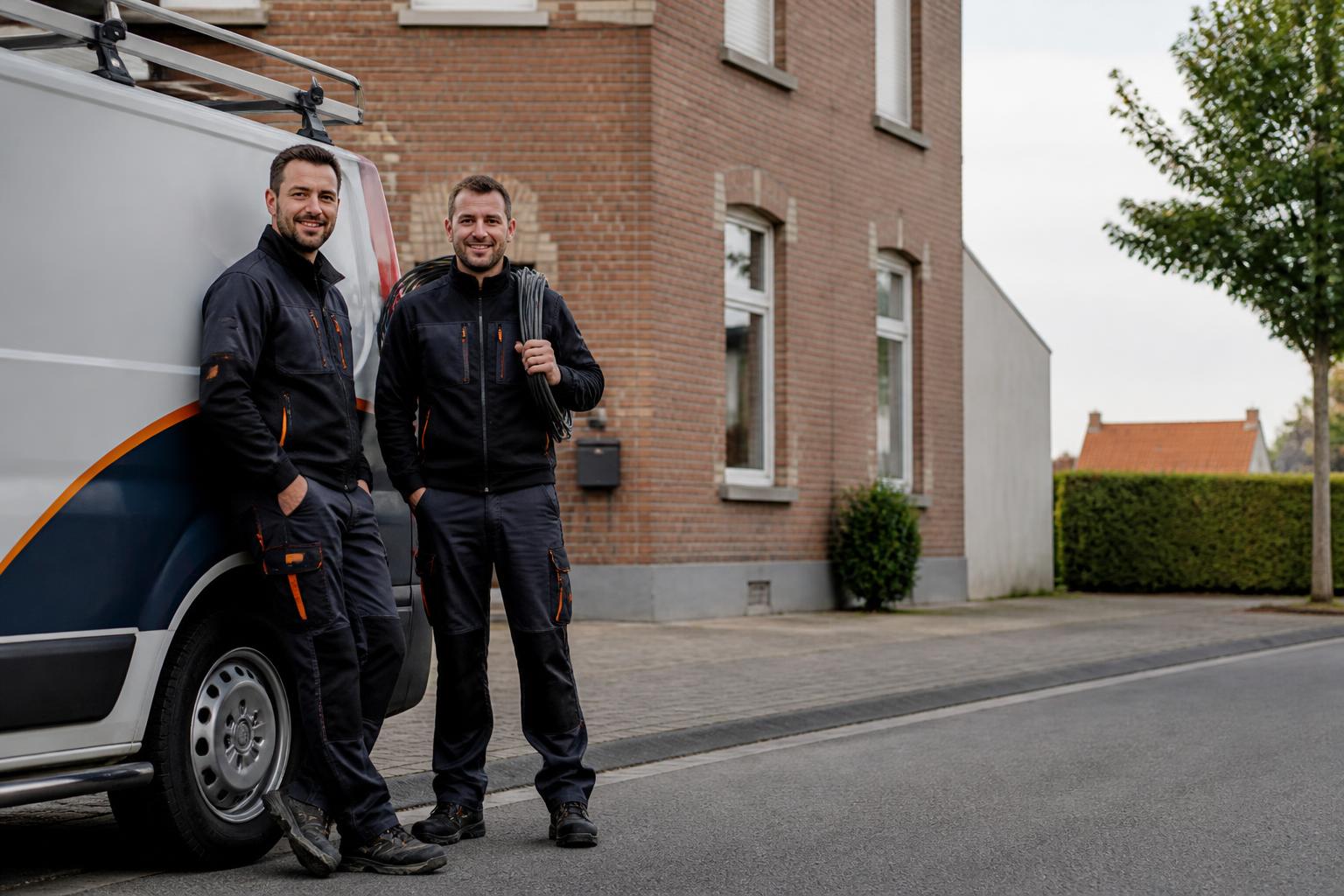 Twee elektriciens van De Bruyne Elektro bij hun bestelwagen