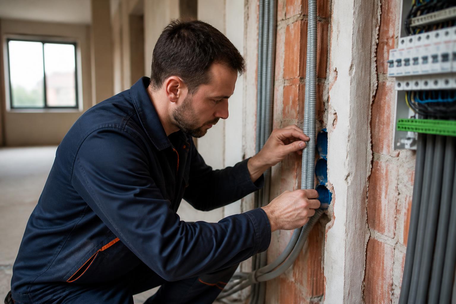 Elektricien trekt kabels in de ruwbouw van een nieuwbouwwoning