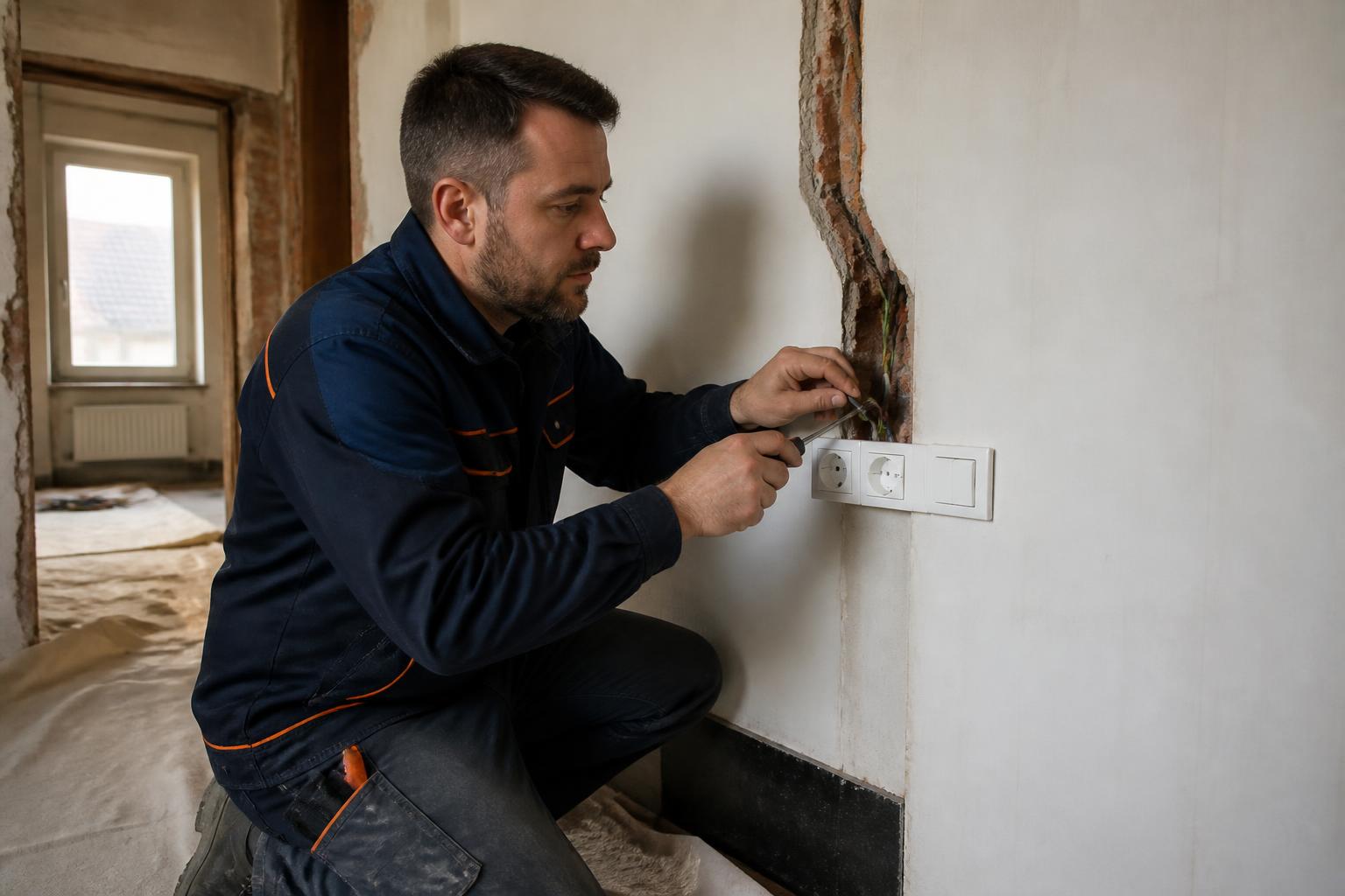 Elektricien vervangt oude bekabeling in de muur van een woning