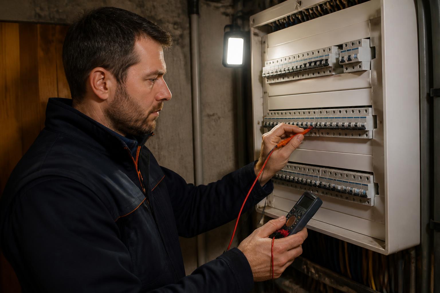 Elektricien spoort een elektriciteitspanne op