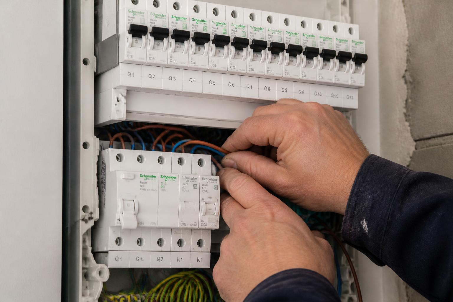 Elektricien van De Bruyne Elektro werkt aan een zekeringkast